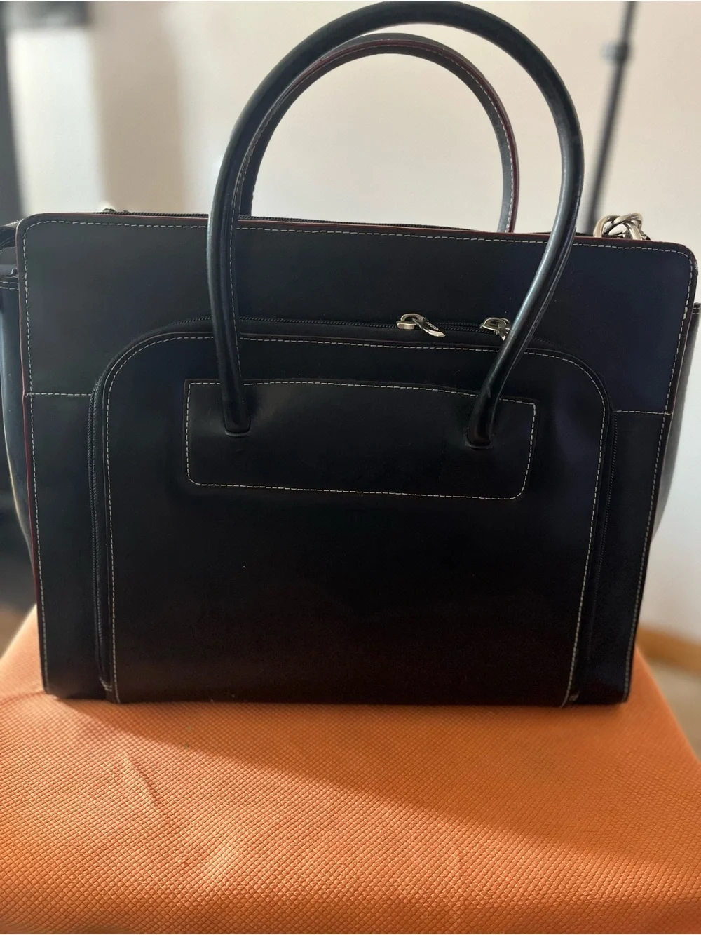 Women's Black Leather Laptop Tote Bag - Structured Work Bag